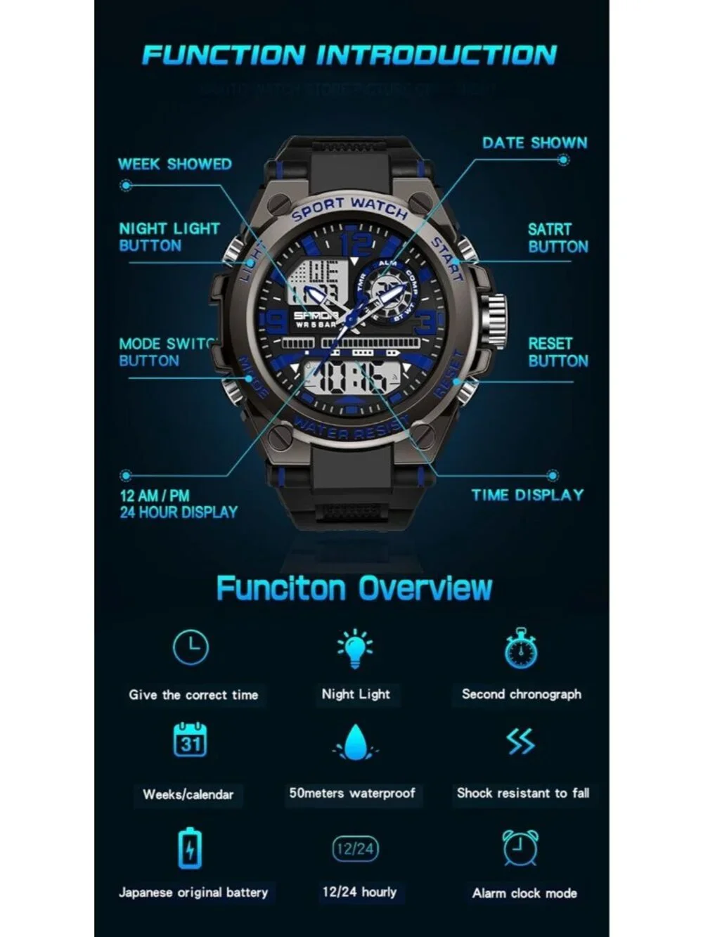 Men's Black And Blue Analog Quartz Sports Waterproof Military LED Digital Watch